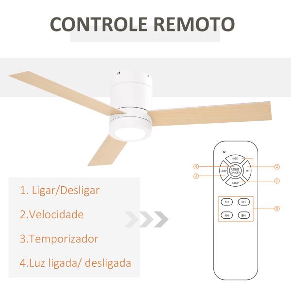 Ventoinha de Teto 48W com Luz LED Controle Remoto 3 Velocidades Temporizador 3 Lâminas de Madeira Ø112x25cm Branco