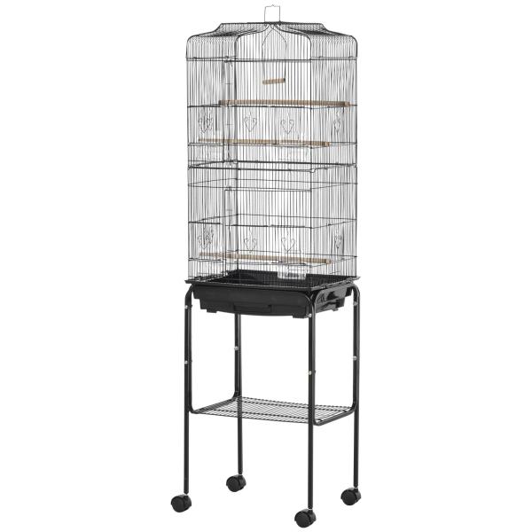 Gaiola para Passáros com Suporte Gaiola Metálica de Aves Canários com 4 Rodas Portas 4 Comedouros 3 Poleiros Bandeja Removível e Prateleira Inferior 46,5x36x157cm Preto