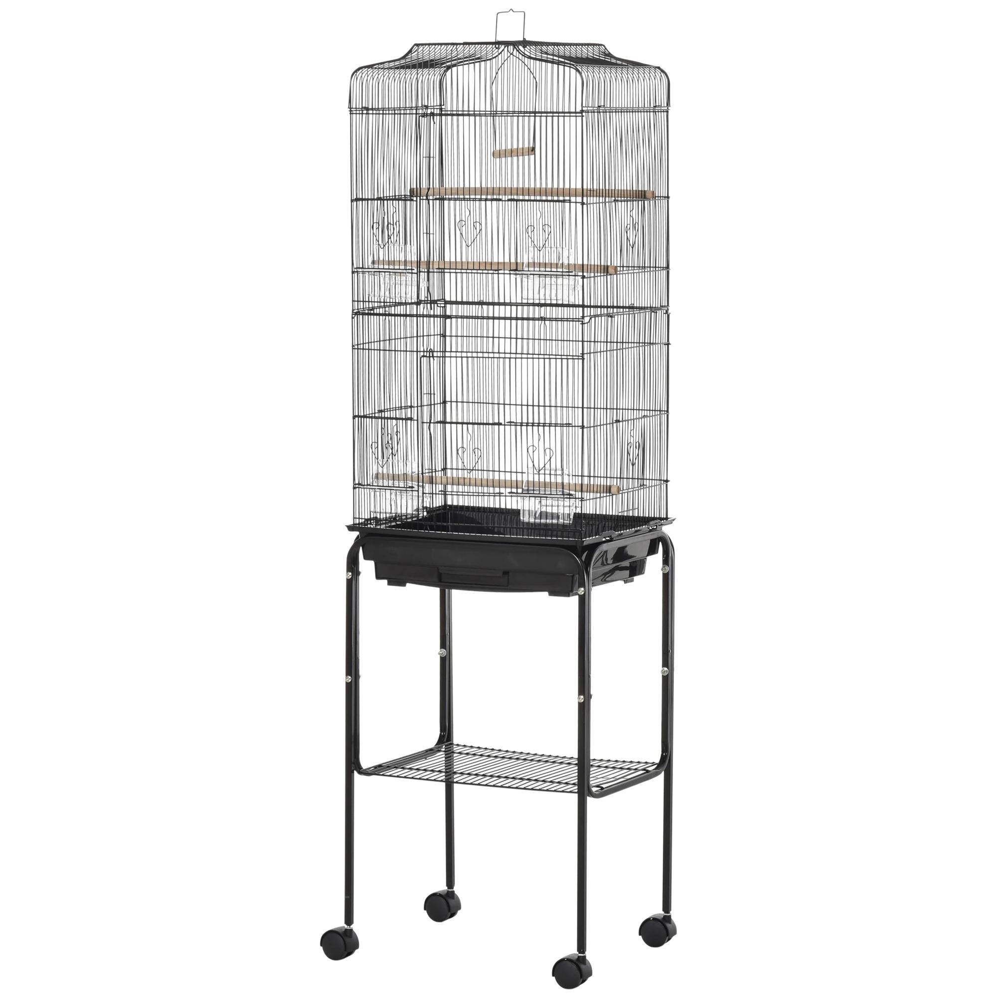 Gaiola para Passáros com Suporte Gaiola Metálica de Aves Canários com 4 Rodas Portas 4 Comedouros 3 Poleiros Bandeja Removível e Prateleira Inferior 46,5x36x157cm Preto