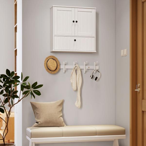 Armário Casa de Banho de Parede Rústico com Prateleira Ajustável Dupla Porta Porta Basculante e Fecho Magnético 60x19,5x60 cm Branco