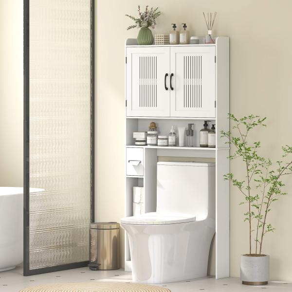 Armário sobre Sanita com Prateleira Ajustável 2 Portas Suporte para Papel Higiênico Armário para Máquina de Lavar 80x19,5x170 cm Branco