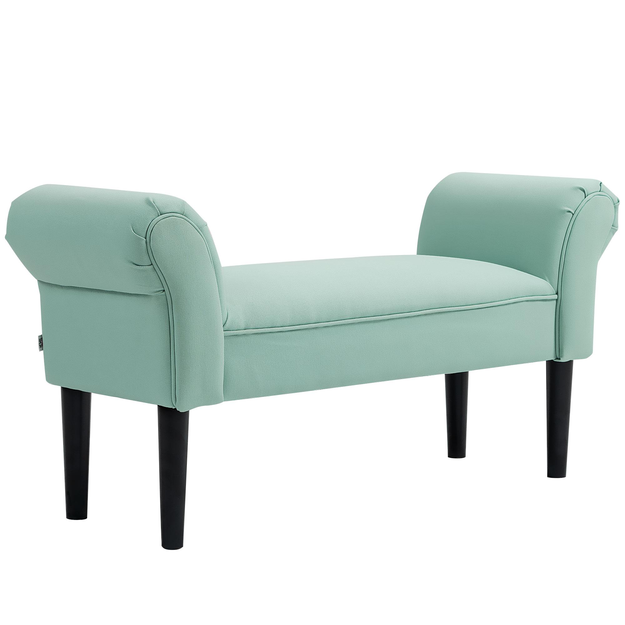 Banco de Pé de Cama Estofado em Linho Sintético com Pés de Madeira Braços e Assento Acolchoado, Verde Claro
