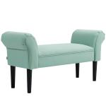 Banco de Pé de Cama Estofado em Linho Sintético com Pés de Madeira Braços e Assento Acolchoado, Verde Claro