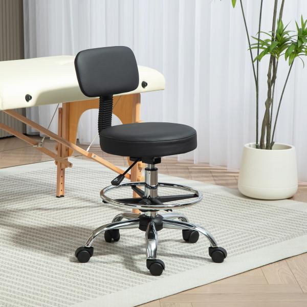 Banco Giratório com Rodas e Encosto Apoio para Pés Altura Ajustável Estofado em Couro Sintético 52x52x78 - 92 cm Preto