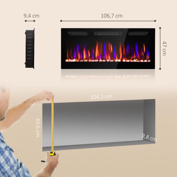 Lareira Elétrica Ultrafina de Parede e Embutir com Chama 3D Brilho/Velocidade Ajustável 12 Cores Pedras 900/1800W 106,7x9,4x47 cm Preto