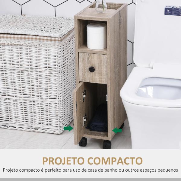 Armário de Casa de Banho para Espaço Reduzido com Rodas Prateleiras Abertas Armário e Gaveta 18x30x68,5 cm Madeira