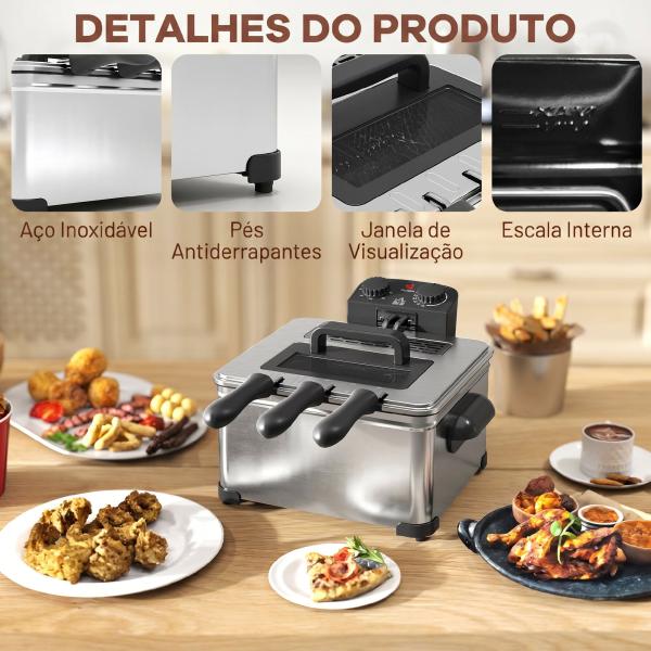 Fritadeira 5 L com Temperatura Ajustável até 190 °C, Janela de Visualização e Temporizador 60 min