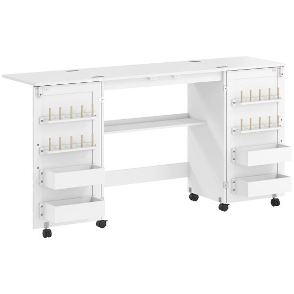 Mesa de Costura Dobrável com 6 Rodas Móvel para Máquina de Costura com 20 Pinos para Fios 4 Compartimentos 160x40x81,5 cm Branco