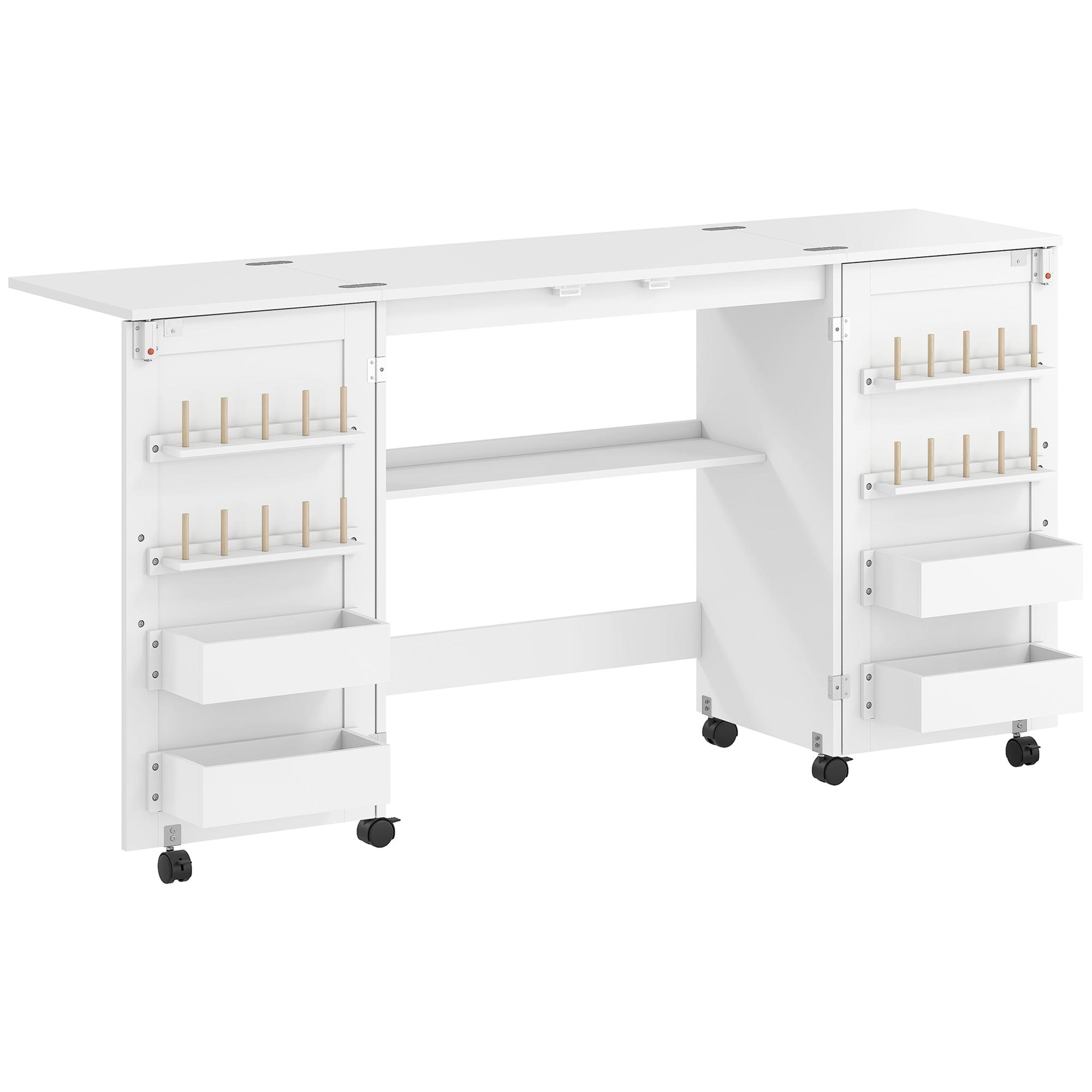 Mesa de Costura Dobrável com 6 Rodas Móvel para Máquina de Costura com 20 Pinos para Fios 4 Compartimentos 160x40x81,5 cm Branco