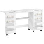 Mesa de Costura Dobrável com 6 Rodas Móvel para Máquina de Costura com 20 Pinos para Fios 4 Compartimentos 160x40x81,5 cm Branco