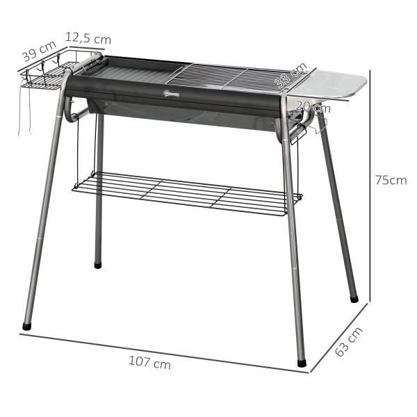 Barbecue a Carvão Portátil com Grelha de Aço Inoxidável Prateleira para Temperos e Prateleira de Armazenamento 96x61x72 cm Preto