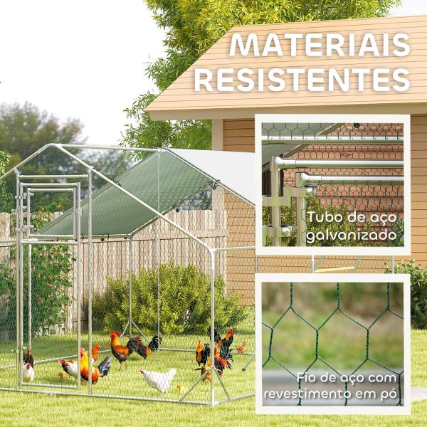 Galinheiro para Exterior 3x4 m Galinheiro de Aço Galvanizado com Comedouro Suspenso Tipo Espeto Poleiro Anti - UV Prata