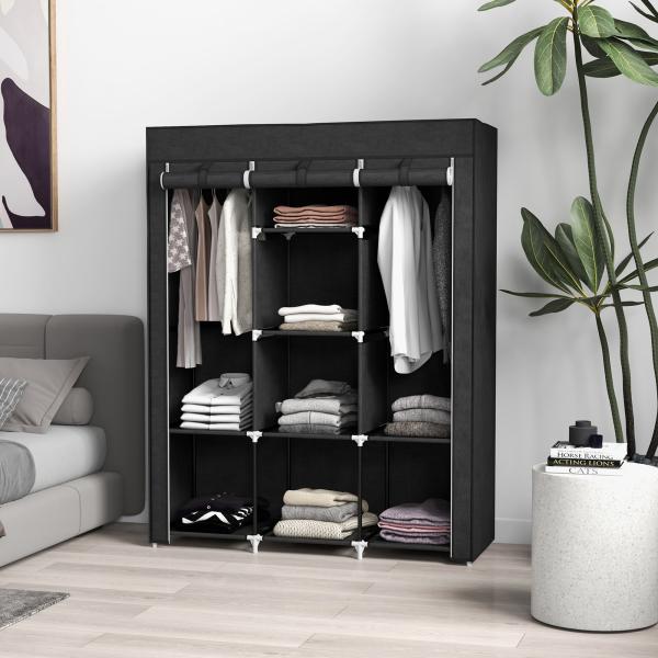Roupeiro de Tecido Dobrável com 8 Prateleiras de Armazenamento e 2 Barras de Pendurar 125x43x162,5 cm Preto