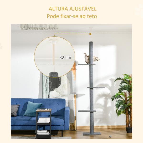 Arranhador para Gatos do Chão ao Teto com Altura Ajustável, 4 Plataformas e Poste 43x27x228 - 260 cm Cinzento