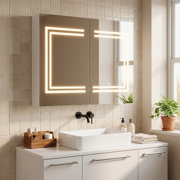 Armário Casa de Banho com Espelho e Luz LED Interruptor Tátil e Cor da Luz Ajustável 80x15x65 cm Branco Brilhante