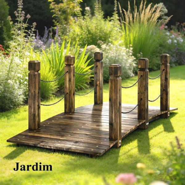 Ponte de Jardim de Madeira 1,51 m Ponte Decorativa para Lagos Rústica com Corrimões de Segurança Carbonizada