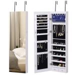 Espelho com Móvel de Bijuterias de Parede ou Porta Espelho de Parede com LED 5 Prateleiras 2 Gavetas pequenas e Fechadura 37x120x10cm Cinza Claro