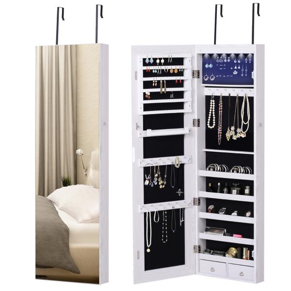 Espelho com Móvel de Bijuterias de Parede ou Porta Espelho de Parede com LED 5 Prateleiras 2 Gavetas pequenas e Fechadura 37x120x10cm Cinza Claro