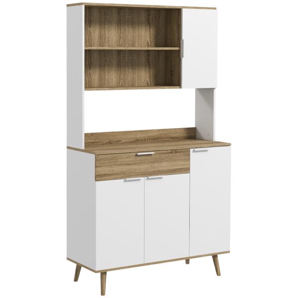 Armário de Cozinha Alto com 4 Portas, Prateleiras Ajustáveis, Gaveta e Compartimentos Abertos, 98x39x180 cm, Branco e Natural