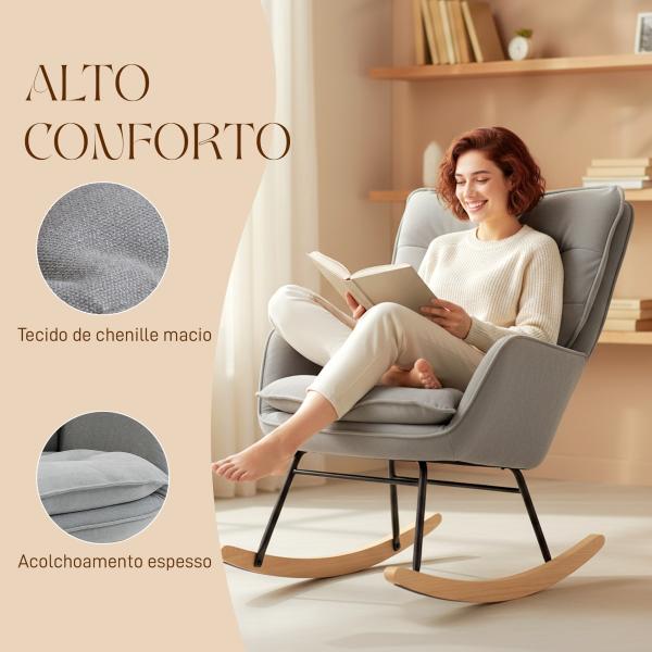 Poltrona Baloiço Estofada em Chenilla com Pés de Madeira de Faia e Apoio para os Braços para Lactância 71x98,5x97 cm Cinzento claro