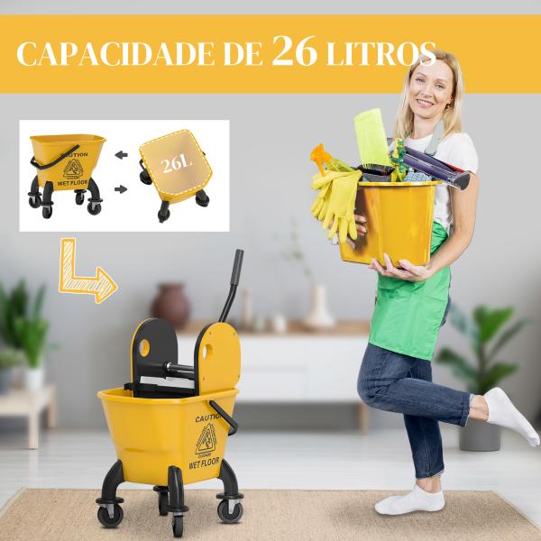 Balde de Esfregona com Rodas Espremedor Desmontável de Pressão para Baixo Capacidade 26 L Inclui Esfregona e Asa 45x31x90 cm Amarelo