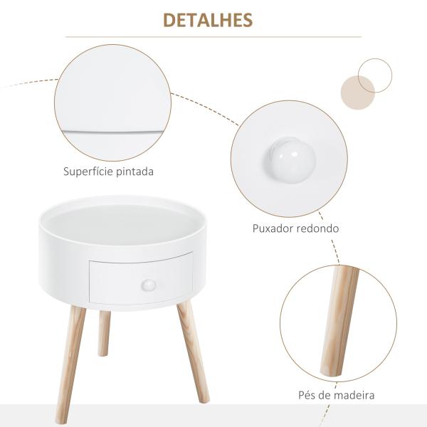 Mesa Apoio Redonda com 1 Gaveta Borda Elevada e 3 Pés de Madeira Estilo Moderno Ø38x45 cm Branco