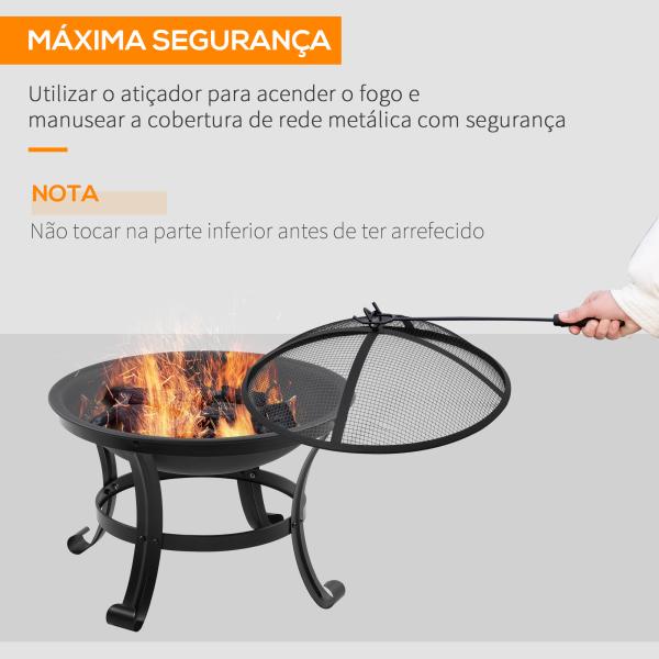 Braseiro de Exterior de Aço com Tampa Protetora e Atiçador para Fogueiras na Varanda Campismo Ø55x50 cm Preto