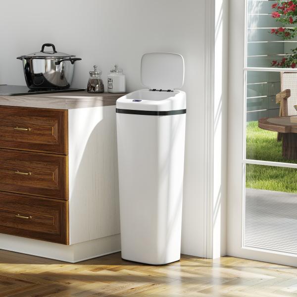 Balde de Lixo Automático 50L Estreito em Aço Inoxidável com Sensor Infravermelhos Modo Manual 33x25x84 cm Branco