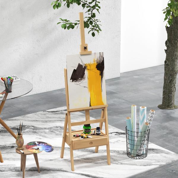 Cavalete de Pintura para Telas de Até 92 cm com Gaveta Altura Ajustável e Estrutura em H 43,5x43x150 - 190 cm Madeira
