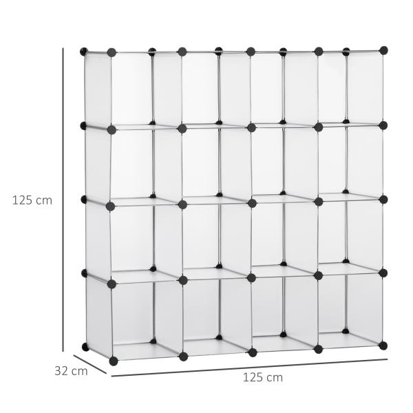 Armário Modular de Plástico Organizador de Sapatos com 16 Cubos de 30x30x30cm para Entrada Corredor 125x32x125 cm Transparente