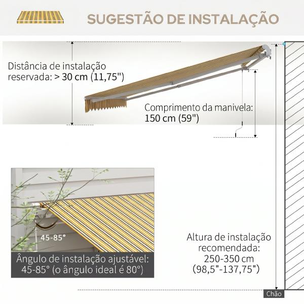 Toldo Manual Retrátil 350x250 cm com Manivela de Metal Impermeável e Anti - UV para Jardim Terraço Janelas Cinza e Amarelo