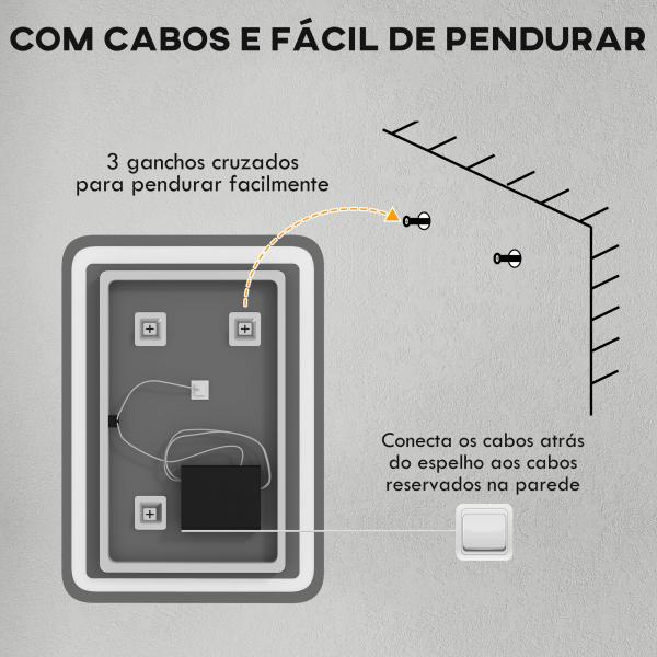 Espelho Casa de Banho com Luzes LED 70x50 cm Função Antiembaciamento 3 Temperaturas de Cor Ajustável e Função de Memória Prata