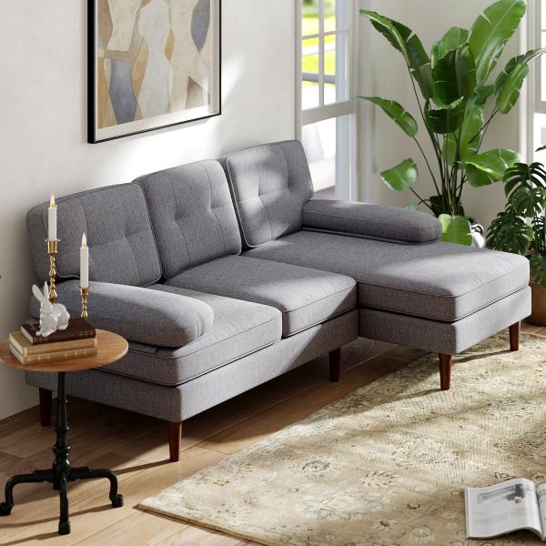 Sofá de Canto com Chaise Longue em Forma de L Estofado em Poliéster para Sala Capacidade 250 kg 215x142x88 cm Cinza