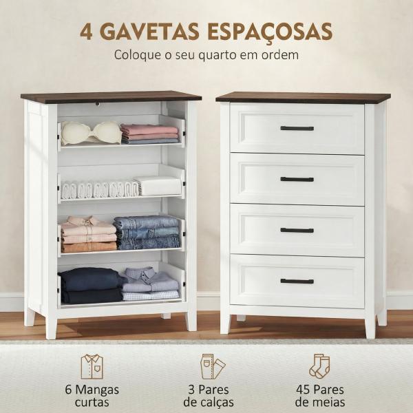 Cómoda 4 Gavetas Cómoda de Dormitório Estreita e Alta com Bancada com Efeito Madeira 60x35x87 cm Branco