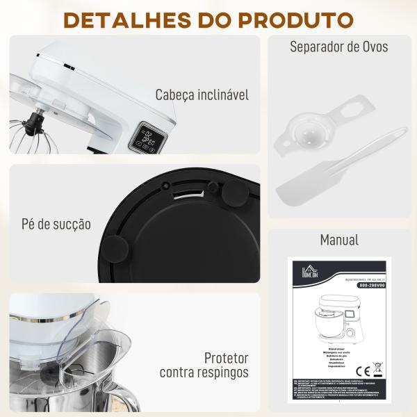Batedeira Planetária 6L 1400W com Cabeçal Inclinável, 6 Velocidades, Função de Fermentação, Ecrã LED, Branco