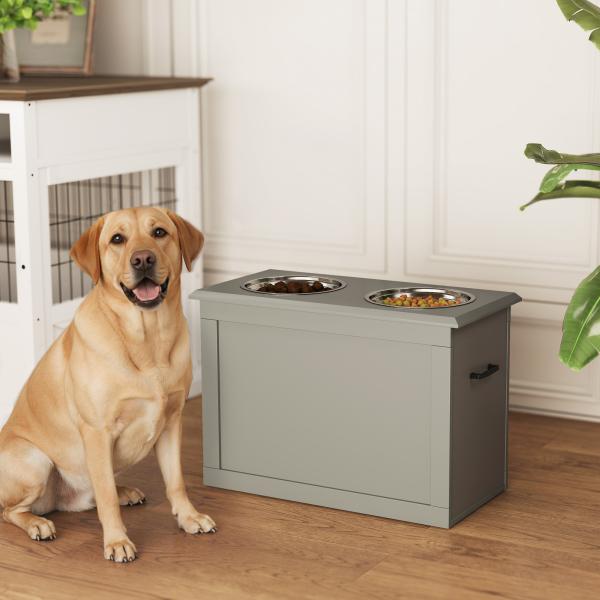 Comedouro Elevado para Cães com 2 Tigelas de Aço Inoxidável e Espaço de Armazenamento Oculto 60x30x41 cm Cinzento