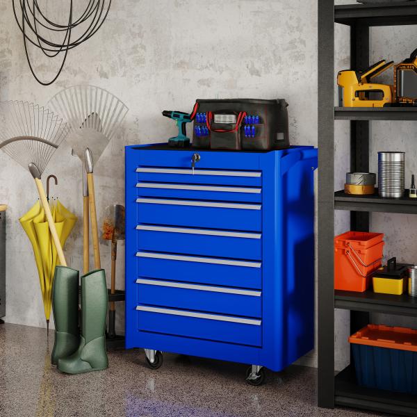 Carrinho de Ferramentas com 7 Gavetas Carrinho de Oficina com Fechadura Pega 2 Rodas com Travão 69x33x75 cm Azul