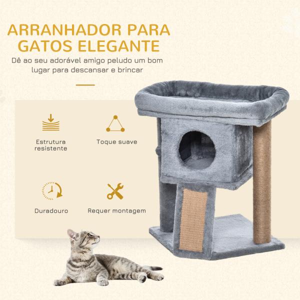 Arranhador para Gatos Pequenos Arranhador para Gatos com Poste de Juta Rampa Caverna e Bola Suspensa 40x40x57 cm Cinza
