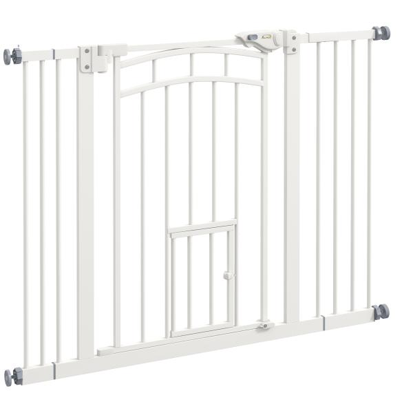 Barreira de Segurança para Cães 74 - 100 cm com Extensão Montagem a Pressão e Duplo Bloqueio para Porta Escada Branco
