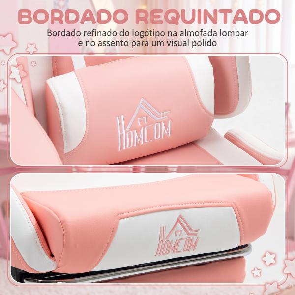 Cadeira Gaming com Orelhas Cadeira Gamer Reclinável com Altura Ajustável e Suporte Lombar 65x62x116 - 124 cm Rosa e Branco