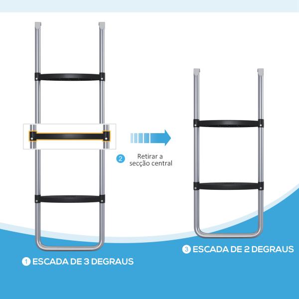 Escada para Trampolim de Aço Escada para Trampolim de 3 ou 2 Degraus com 2 Ganchos Capacidade 120 kg 110x32 cm Prata