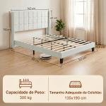 Cama de Casal 135x190 cm com Cabeceira Estofada com Laterais e Arrumação Inferior, Bege