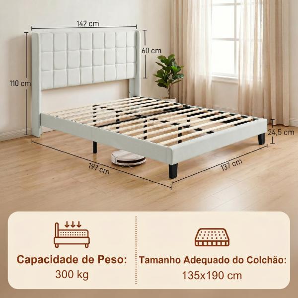 Cama de Casal 135x190 cm com Cabeceira Estofada com Laterais e Arrumação Inferior, Bege