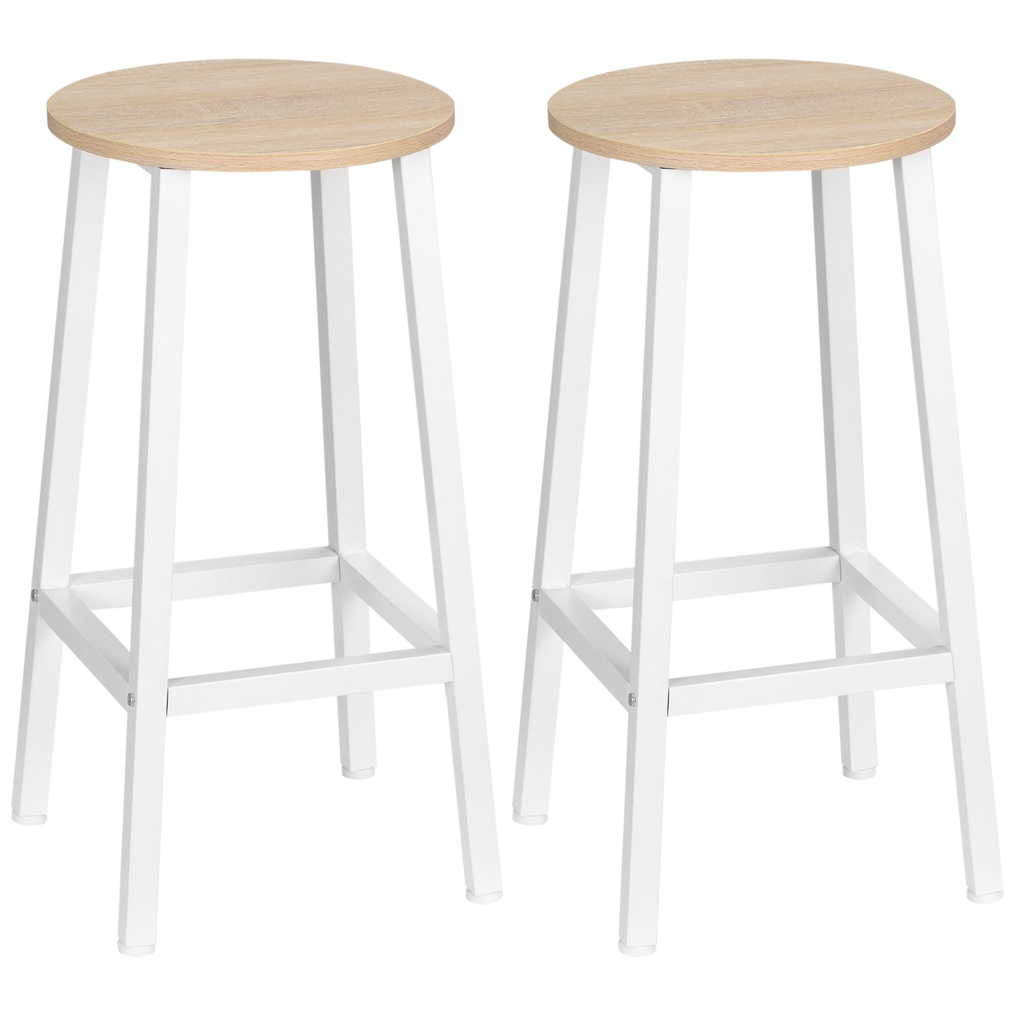 Conjunto de 2 Bancos Altos de Cozinha Bancos de Bar com Pés de Aço e Apoio para os Pés 32,5x32,5x65cm Madeira e Branco