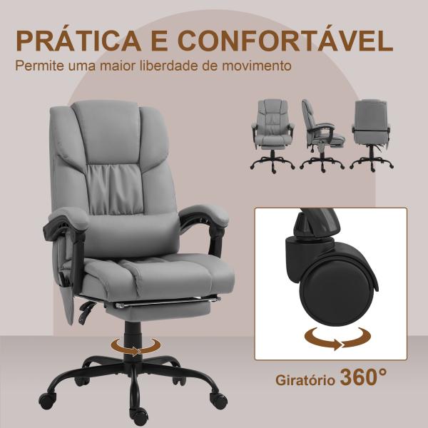 Cadeira de Escritório com Massagem de 6 Pontos Encosto Alto Reclinável Apoio para Pés e Controlo Remoto 66x75x112 - 122 cm Cinza