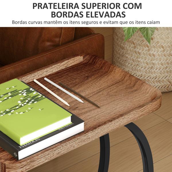Mesa Auxiliar em Forma de C com Rodas para Sofá com Prateleiras Estrutura de Aço 52x34x60 cm Madeira e Preto