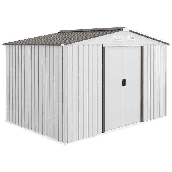 Abrigo de Jardim Exterior para Armazenamento de Ferramentas com 4 Janelas 277x195x192 cm Branco e Cinza Escuro