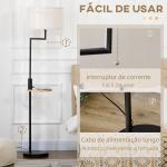 Candeeiro de Pé com Mesa Auxiliar Lâmpada E27 Máx. 40W Ecrã de Linho Interruptor de Corrente e Carregador USB Ø40x168cm Preto e Madeira