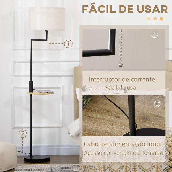 Candeeiro de Pé com Mesa Auxiliar Lâmpada E27 Máx. 40W Ecrã de Linho Interruptor de Corrente e Carregador USB Ø40x168cm Preto e Madeira