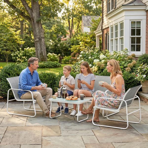 Conjunto de Jardim Exterior de 4 Peças com Sofá de 2 Lugares, 2 Poltronas e Mesa de Vidro Temperado, Tecido Textilene Cinzento Claro